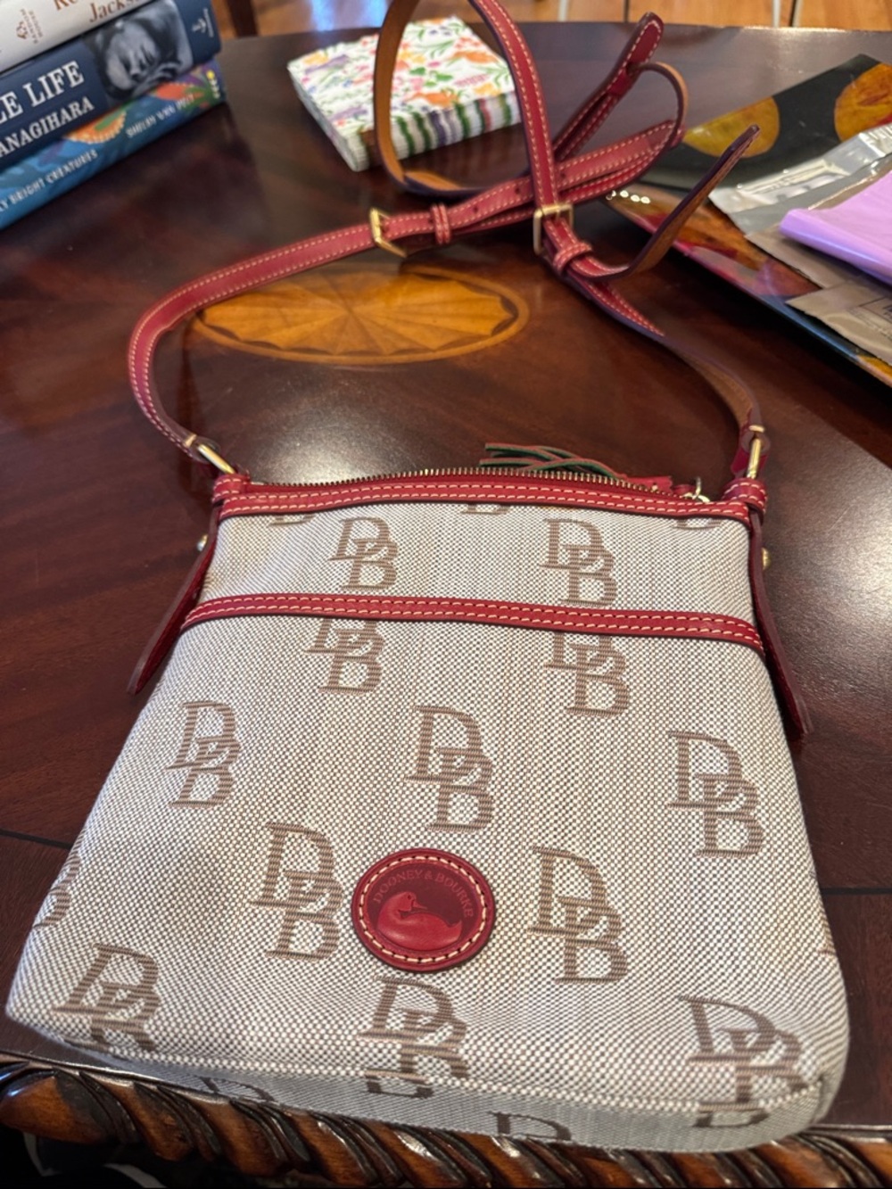 Dooney & Bourke Beige Canvas Crossbody with Red Trim